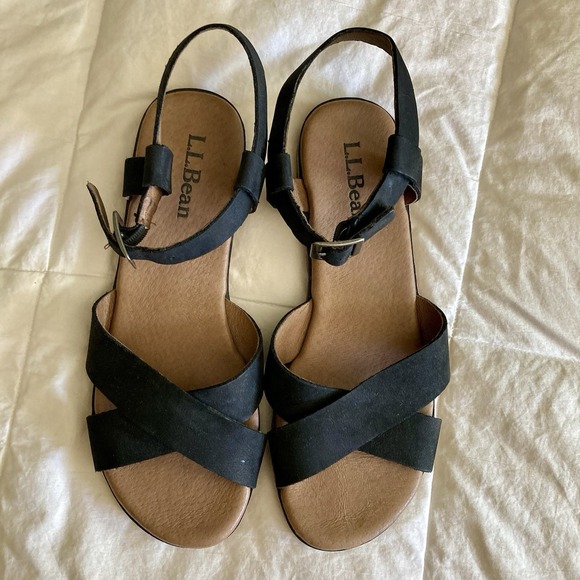 LL Bean Women's Lakewashed Sandals Black US 9M Nubuck Leather Ankle Strap EUC - Picture 3 of 13